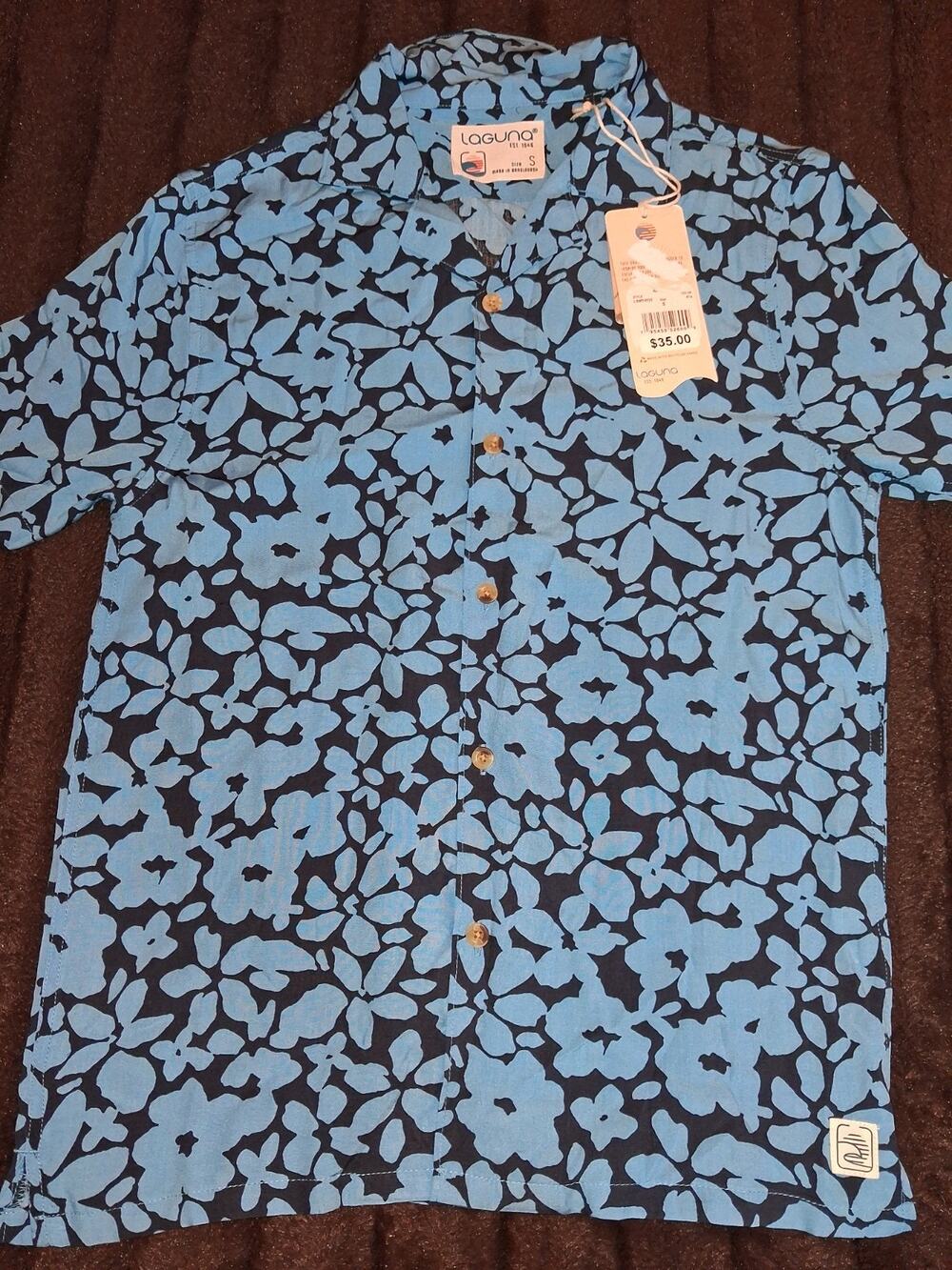 NWT LAGUNA Men’s Small blue Leaf Print Stretch Button Down Men's Shirt